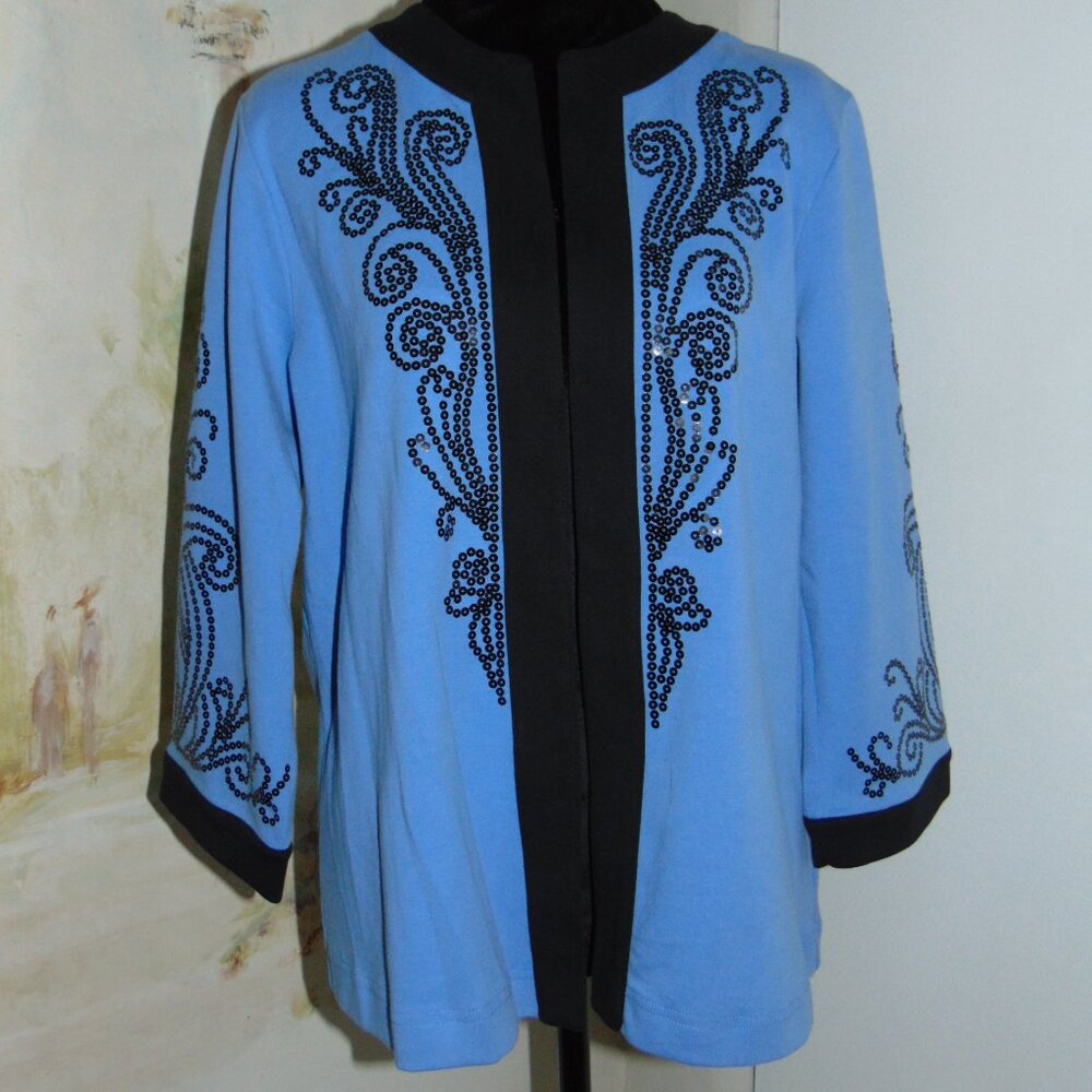 Bob Mackie Vintage Wearable Art Blue Black Bolero Blazer Open Cardigan Sequin S